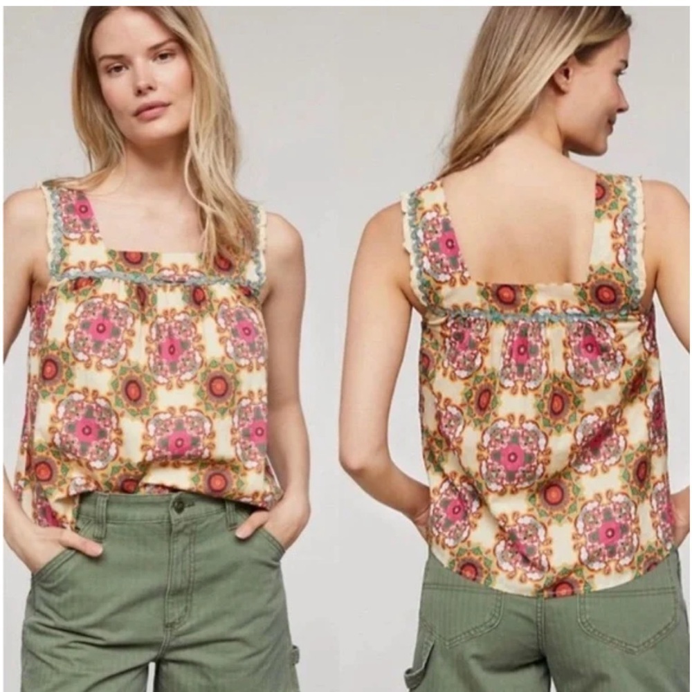 Anthropologie Let Me Be Abstract Ruffled Tank Top size 6